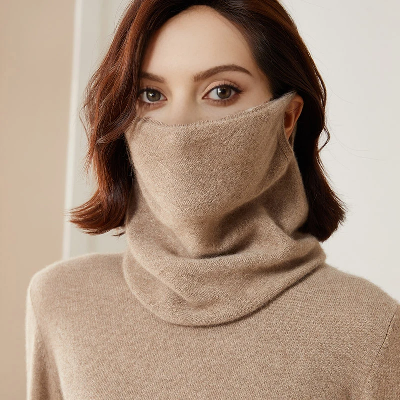 Color: Beige, Size: One Size - 100% Merio Wool Neck Warmer Women Winter Warm Fashion Hollow Out Cover Tube Scarf Ear Face Mask False Collar Autumn Headband