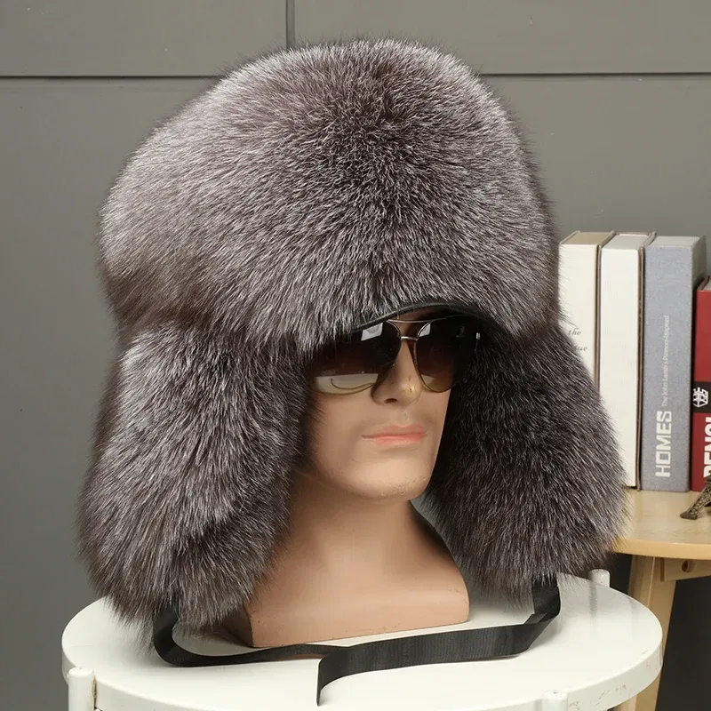 Color: SKY BLUE, Hat Size: 54 - 2025 Winter 100% Real Silver Fox Fur Bomber Hat Raccoon Fur Ushanka Cap Trapper Russian Men's Ski Hats Caps