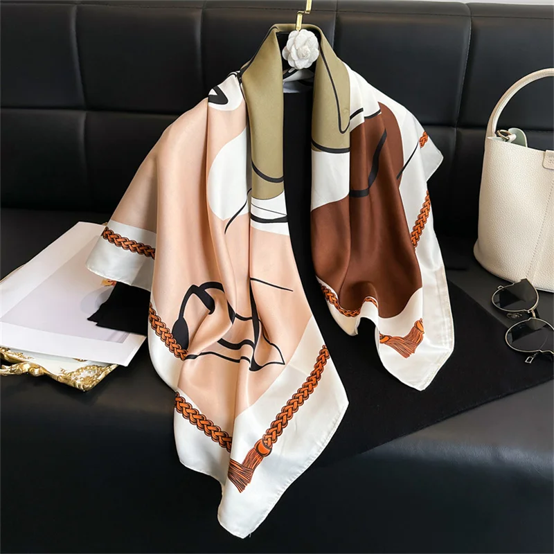 Color: Brown, Size: One Size - New Simple Printed Silk Scarf 90cm Twill Scarf Women Korean Style Large Square Scarf Sunscreen Shawl Headscarf Female Luxury