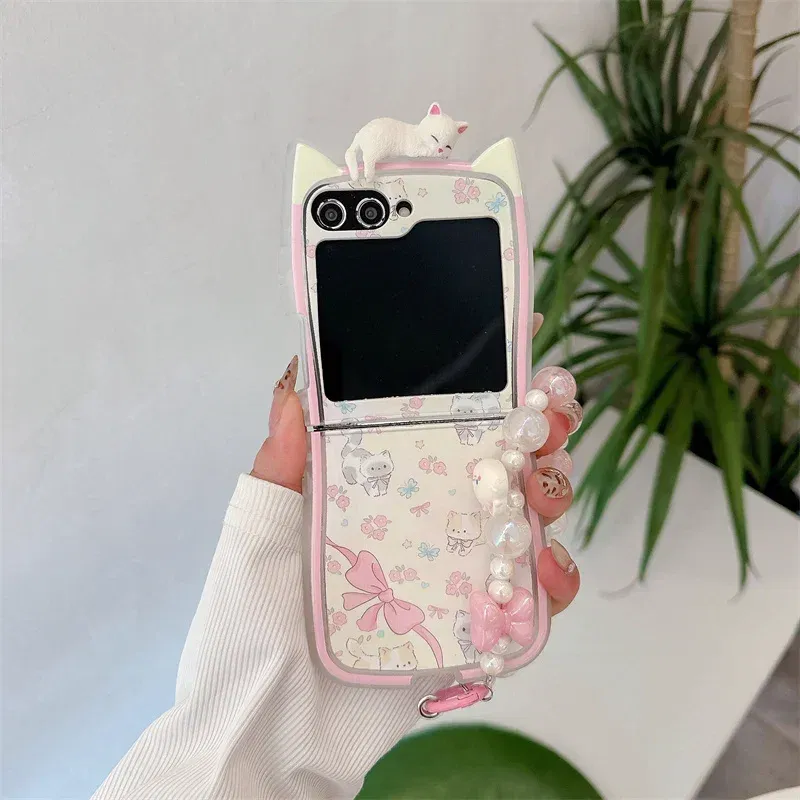 Color: Khaki, Material: Nylon - 3D Flower Cat Bracelet Phone Case For Samsung Galaxy Z Flip 7 FE 6 5 4 3 ZFlip6 Z Flip6 ZFlip 6 Cat Ears Shockproof Cover