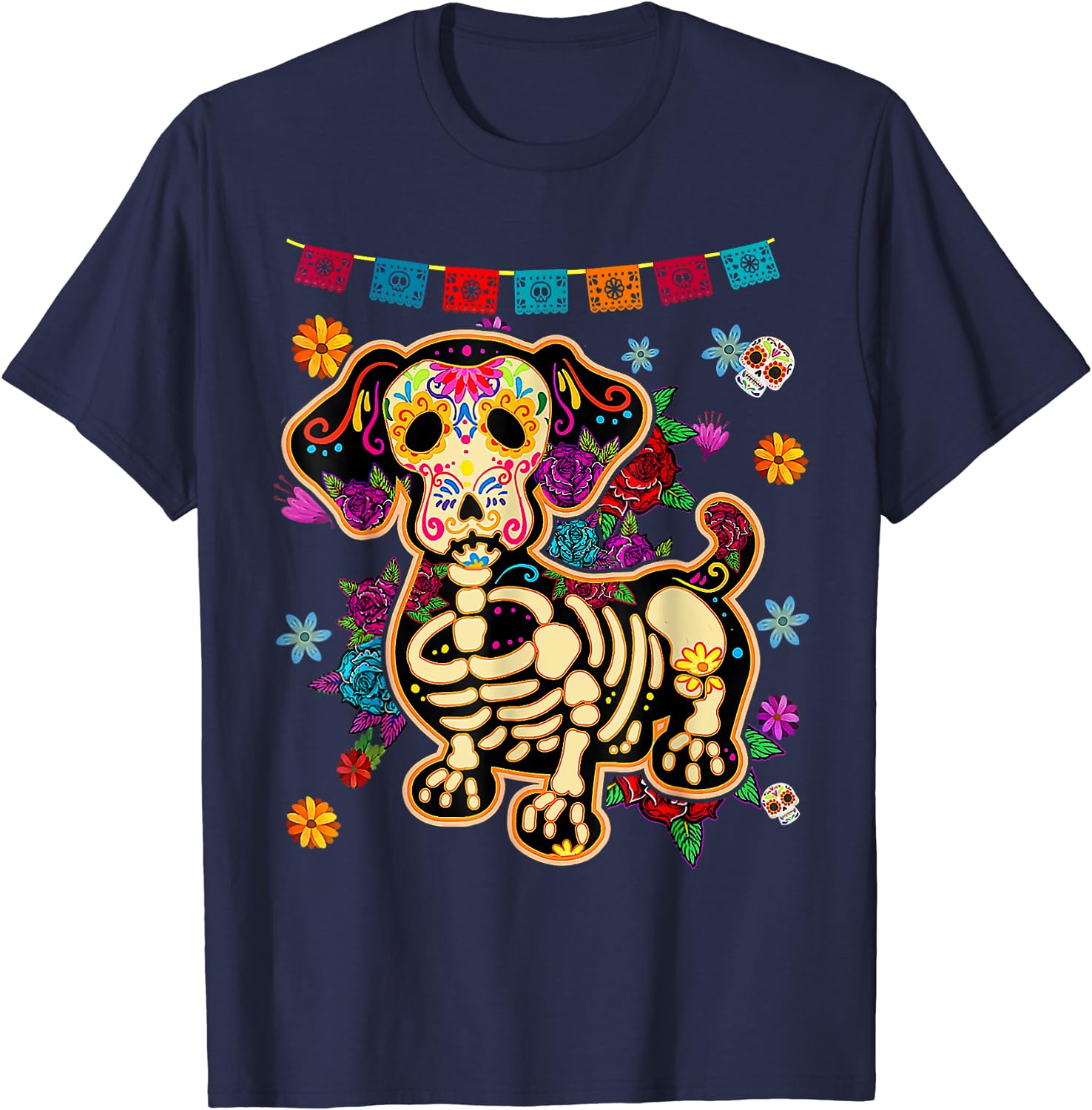 Color: WHITE, Size: XXL - Sugar Skull Mexican Dachshund Bone Halloween Day of Dead T-Shirt Casual Cotton Four Seasons Graphic T Shirts Funny T Shirts