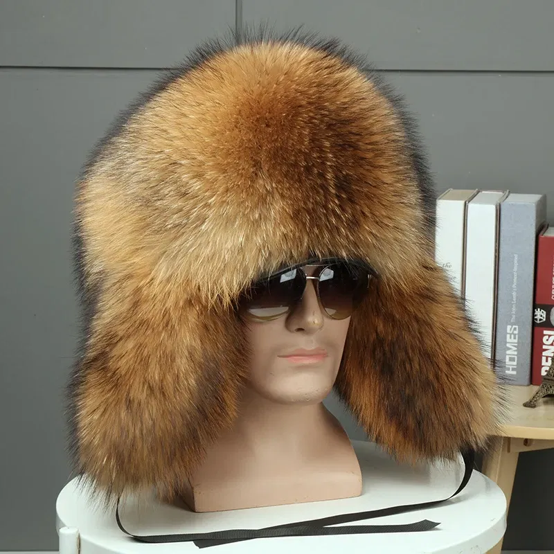 Color: Lavender, Hat Size: 54 - 2025 Winter 100% Real Silver Fox Fur Bomber Hat Raccoon Fur Ushanka Cap Trapper Russian Men's Ski Hats Caps
