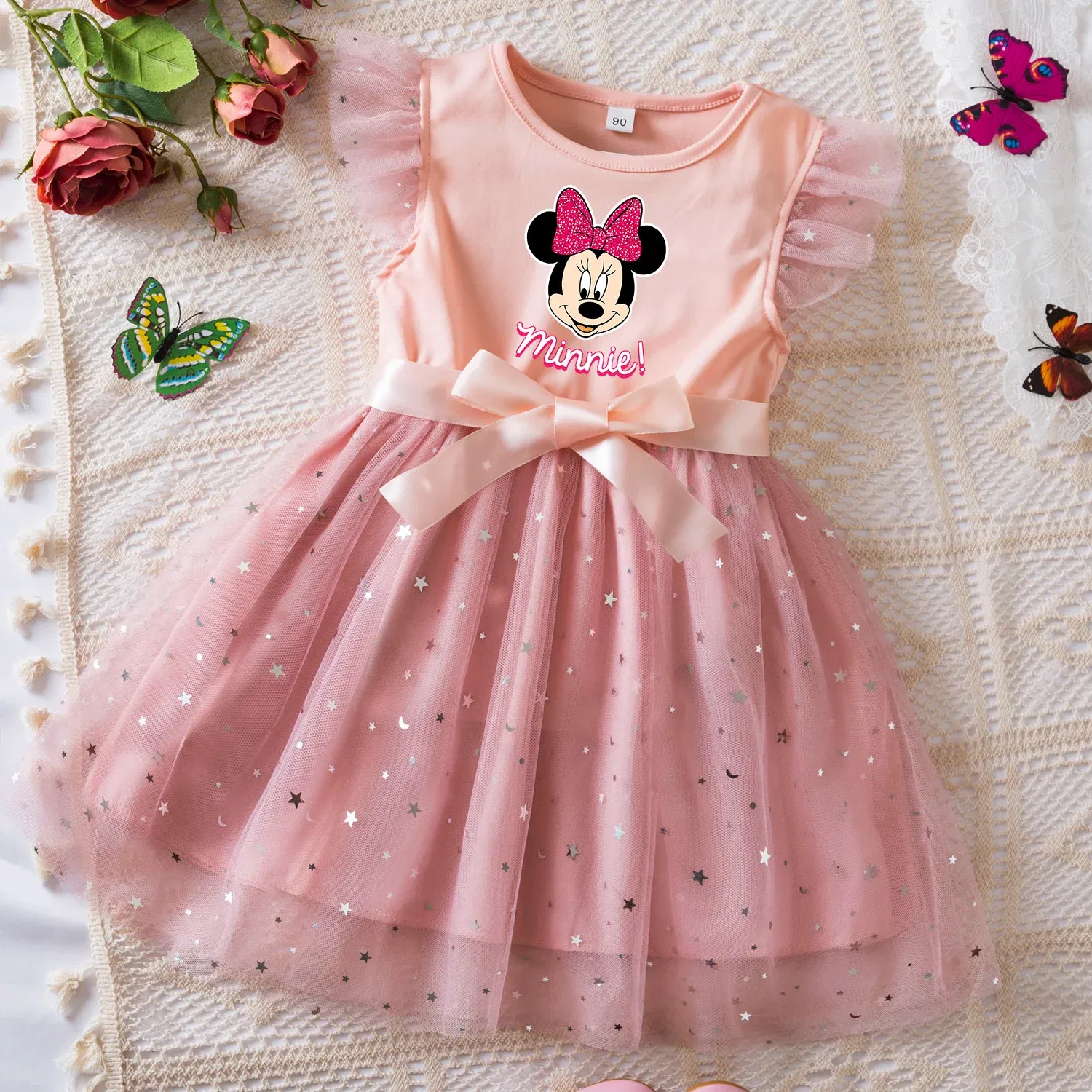 Color: Blue, Size: L - Mickey Minnie Mouse Girls Summer Clothes Flying Sleeves Bow Sequin Dress 2-6Y Kid Birthday Tutu Princess Dress for Baby Girl