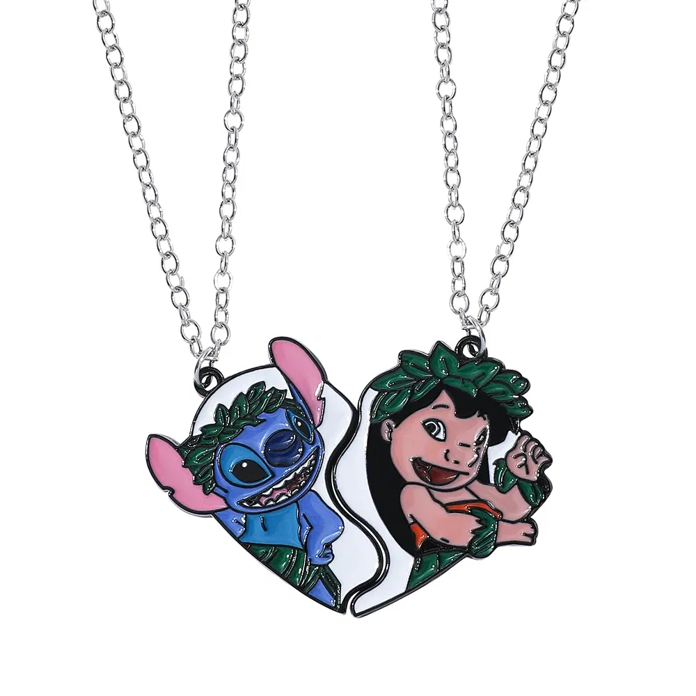 Metal Color: Imitation Rhodium Plated - Disney-Stitch Heart Necklace for Couple, Gold and Silver Color, Angel and Stitch, Cute Style , Jewelry Pendant, Gift for Girl, 1