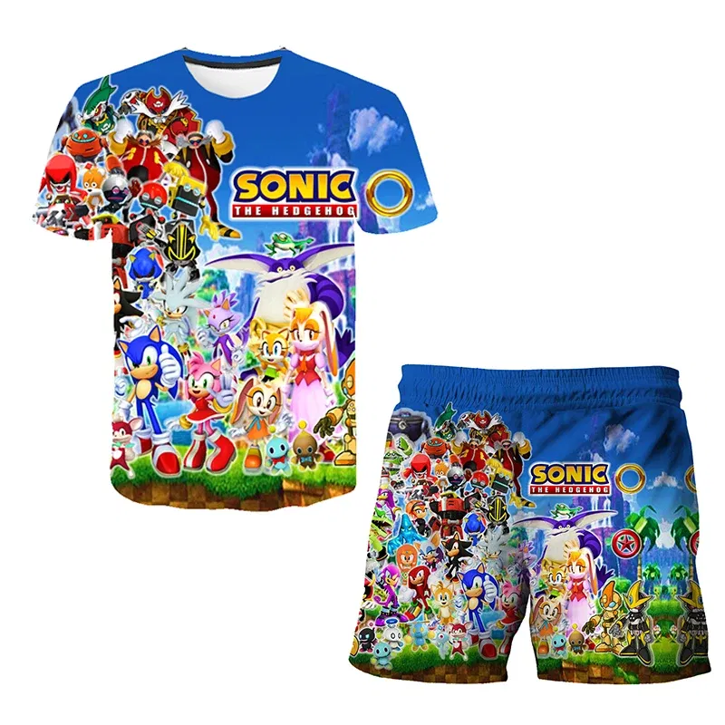 Color: DEEP BLUE, Size: 10cm - New Japanese cartoon Sonic T-shirt children's top T-shirt shorts two-piece set summer boy cartoon cute T-shirt+beach pants