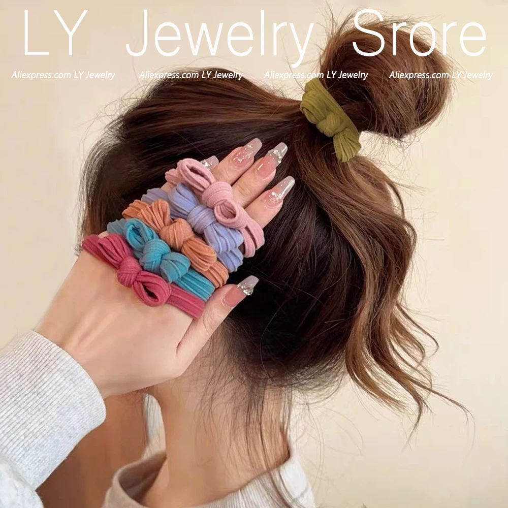Color: black - 5pcs/Set Candy Color Bow Hair Rope High Elastic Seamless Rubber Band For Women Girls Ponytail Holder Summer BB Hair Ties Ring
