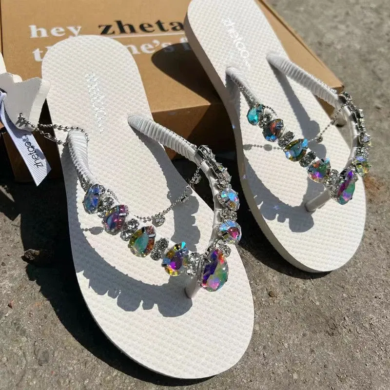 Color: Black, Shoe Size: 35 - Outdoor Leisure Flip Flops Women 2024 Summer Fashion Lady Beach Shoes Luxurious Rhinestone Embellished Women's Flat Slippers
