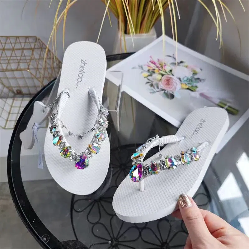 Color: Black, Shoe Size: 35 - Outdoor Leisure Flip Flops Women 2024 Summer Fashion Lady Beach Shoes Luxurious Rhinestone Embellished Women's Flat Slippers