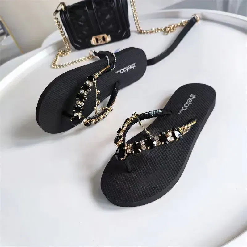 Color: Black, Shoe Size: 35 - Outdoor Leisure Flip Flops Women 2024 Summer Fashion Lady Beach Shoes Luxurious Rhinestone Embellished Women's Flat Slippers