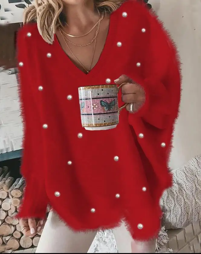 Color: SKY BLUE, Size: S - Korean Style Lazy Women's Sweater 2024 Autumn Ribbed Knitted Pullover V-Neck Pearl Long Sleeved Fluffy Top Women's Loose Sweater