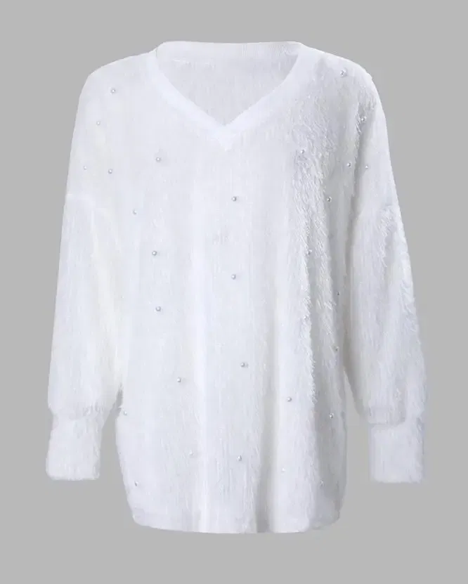 Color: SKY BLUE, Size: S - Korean Style Lazy Women's Sweater 2024 Autumn Ribbed Knitted Pullover V-Neck Pearl Long Sleeved Fluffy Top Women's Loose Sweater