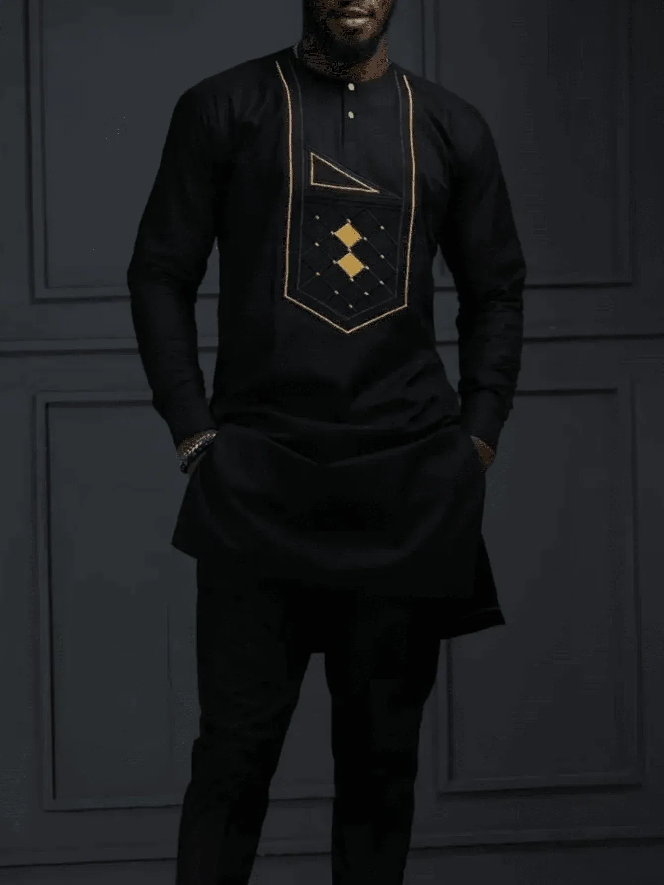 Color: Navy Blue, Size: L - 2025 New men's suit, white pocket, 2-piece set, luxury wedding casual suit, traditional African style of ethnic minorities