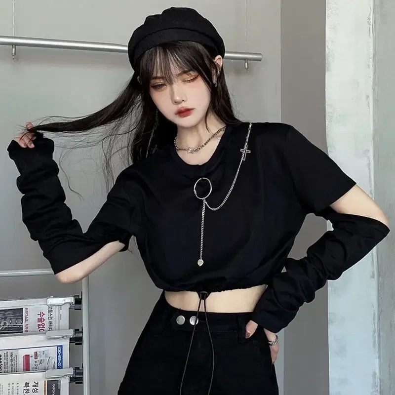 Color: black, Size: M - Solid T-shirts Women Removable Sleeve Sequined Chain Japanese Style Harajuku Trendy Goth Y2k Female Crop Top Hot Sale Popular