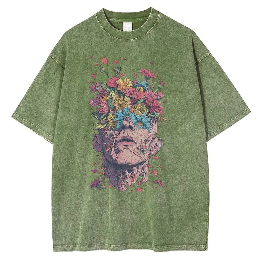 Heavyweight Pure Cotton T Shirts Flowers Emerging Out of Human Eyes and Heads Graphic T-shirts Vintage Van Gogh Style Mens Tops