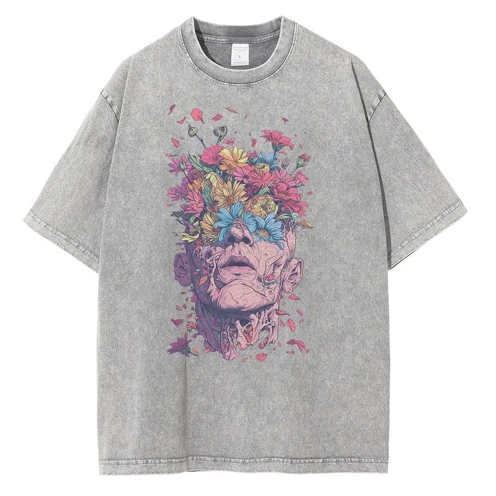 Heavyweight Pure Cotton T Shirts Flowers Emerging Out of Human Eyes and Heads Graphic T-shirts Vintage Van Gogh Style Mens Tops