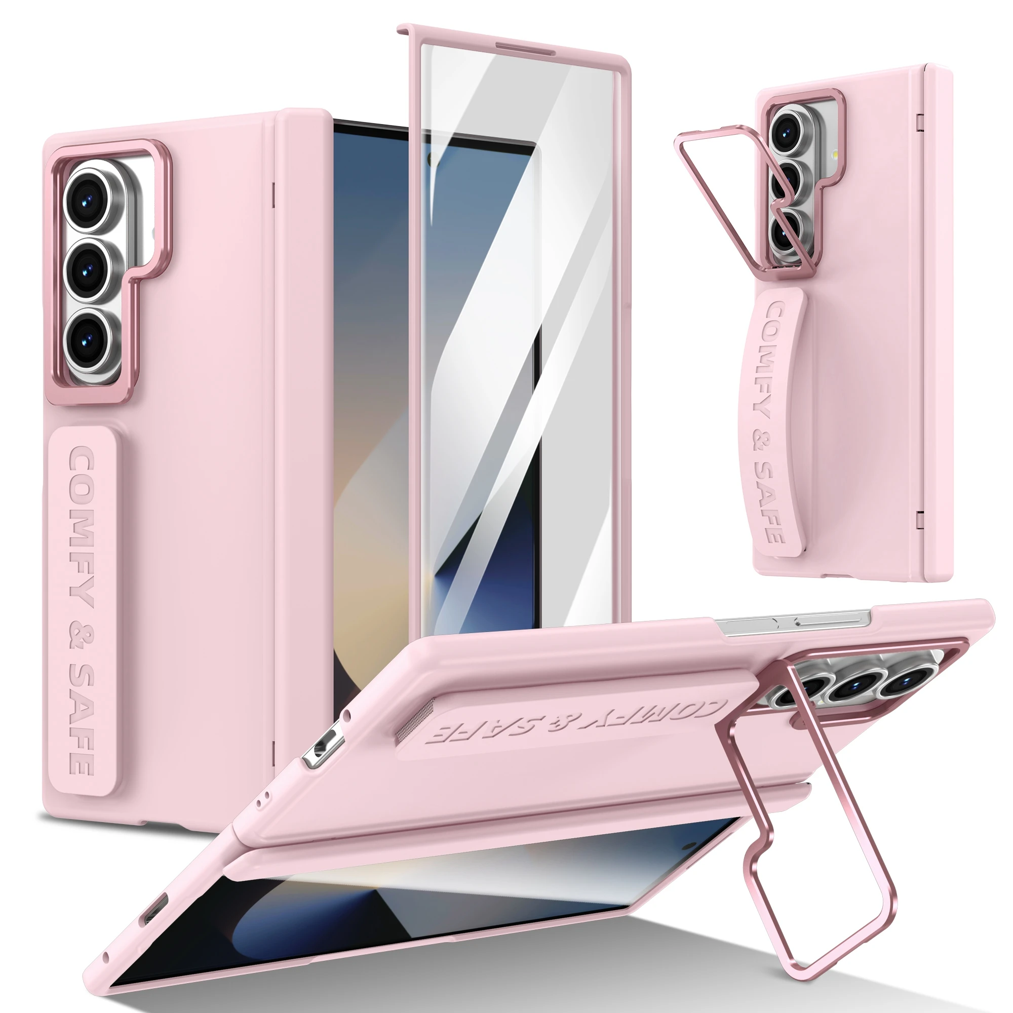 Color: Blue, Material: ABS - For Samsung Galaxy Z Fold 7 6 5 4 3 Wristband Hinge Lens Holder Phone Case Outer Screen Glass Film Protection Shockproof Cover