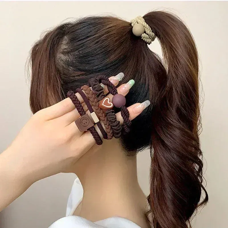Color: GRAY - 5pcs/Bag Women High Elastic Seamless Hair Rope Durable Bowknot Headbands No Crease Ponytail Holder Rubber Band Hair Accessories