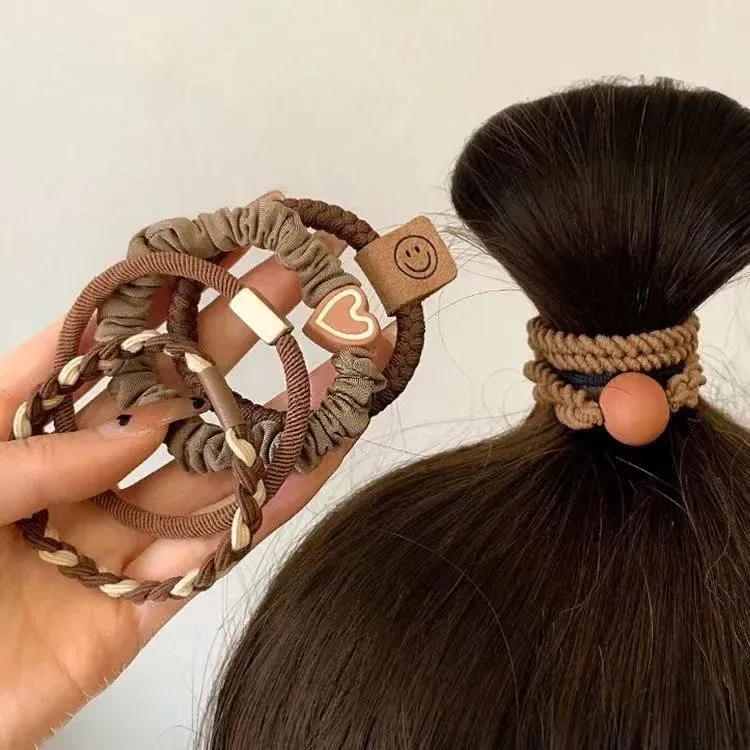 Color: GRAY - 5pcs/Bag Women High Elastic Seamless Hair Rope Durable Bowknot Headbands No Crease Ponytail Holder Rubber Band Hair Accessories