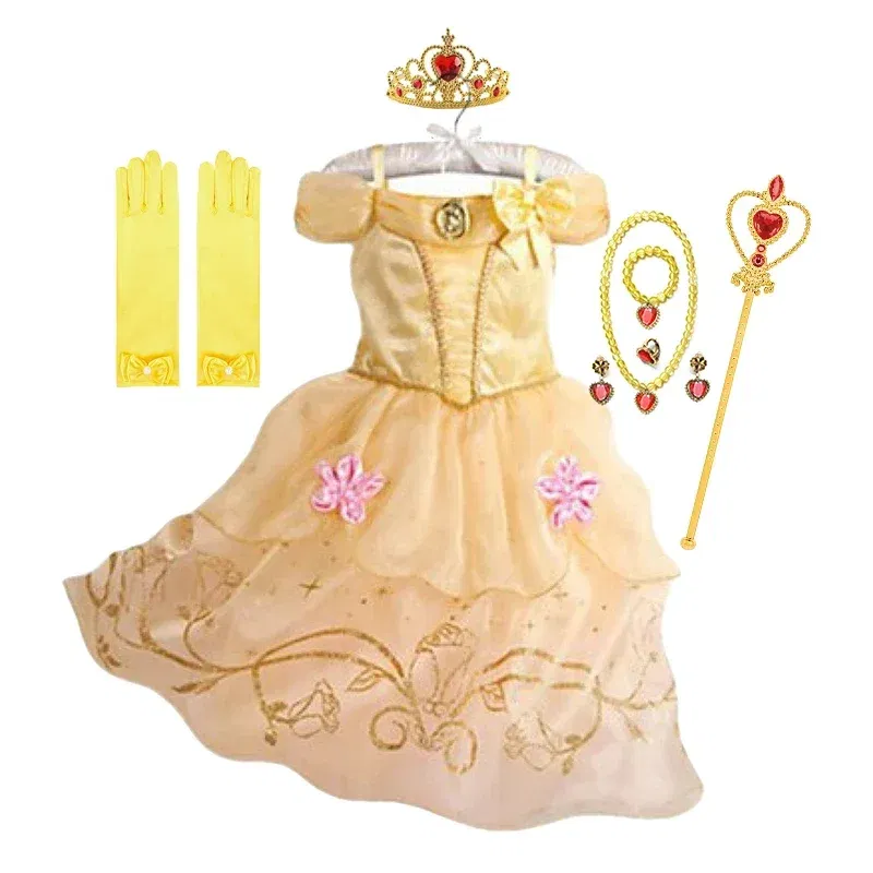 Kid Size: 9, Color: Beige - Belle Princess Dress for Girls Cosplay Beauty and The Beast Snow White Costumes Kids Halloween Carnival Birthday Clothes