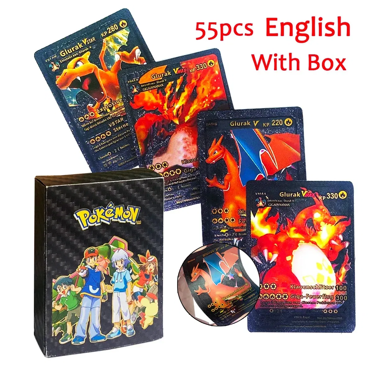 Color: plum - 55PCS Pokemon Colorful Gold Foil Card Charizard Pikachu Arceus Diamond Rainbow English French German Spanish VSTAR GX VMAX Cards