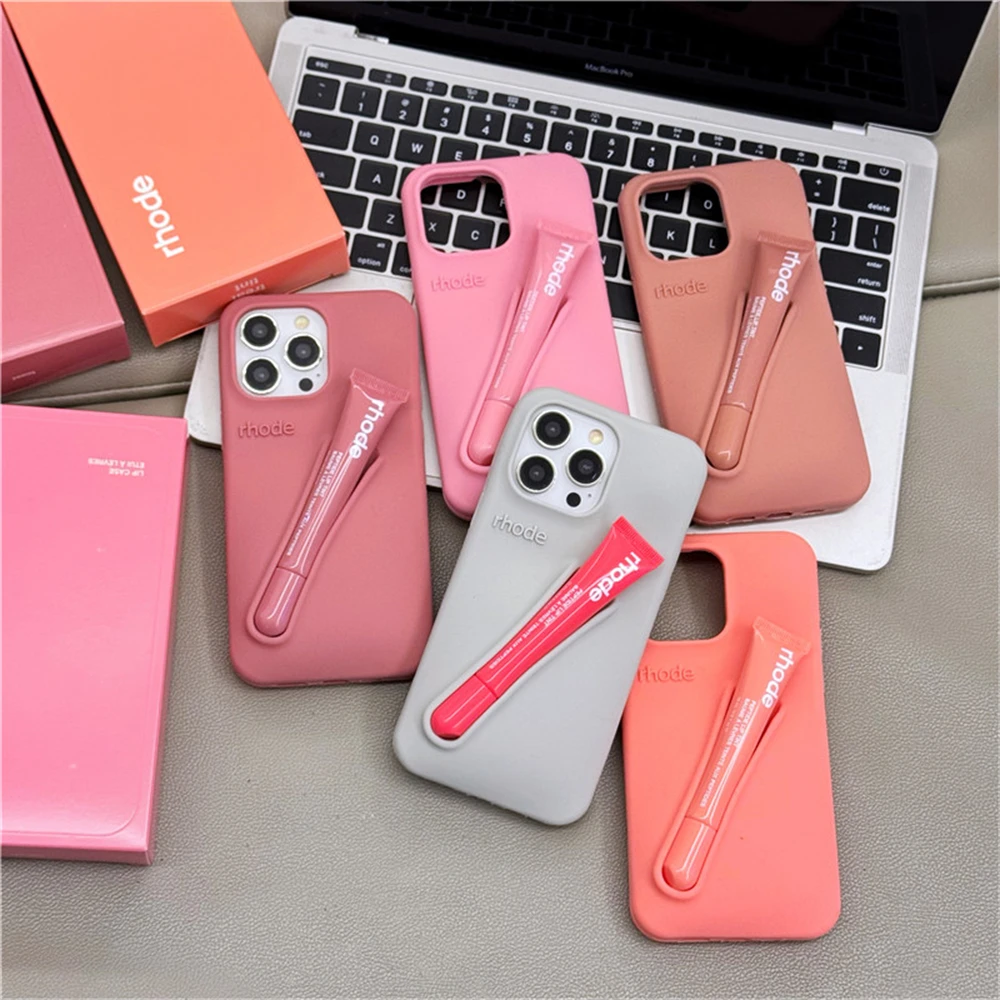 Color: Salmon Pink, Compatible-Phone Models: For iPhone 16 - New Rhode Lipstick Soft Silicone Phone Case for iPhone 16 15 14 13 12 11 Pro Max Plus Portable Lip Gloss Holder Cover with Box