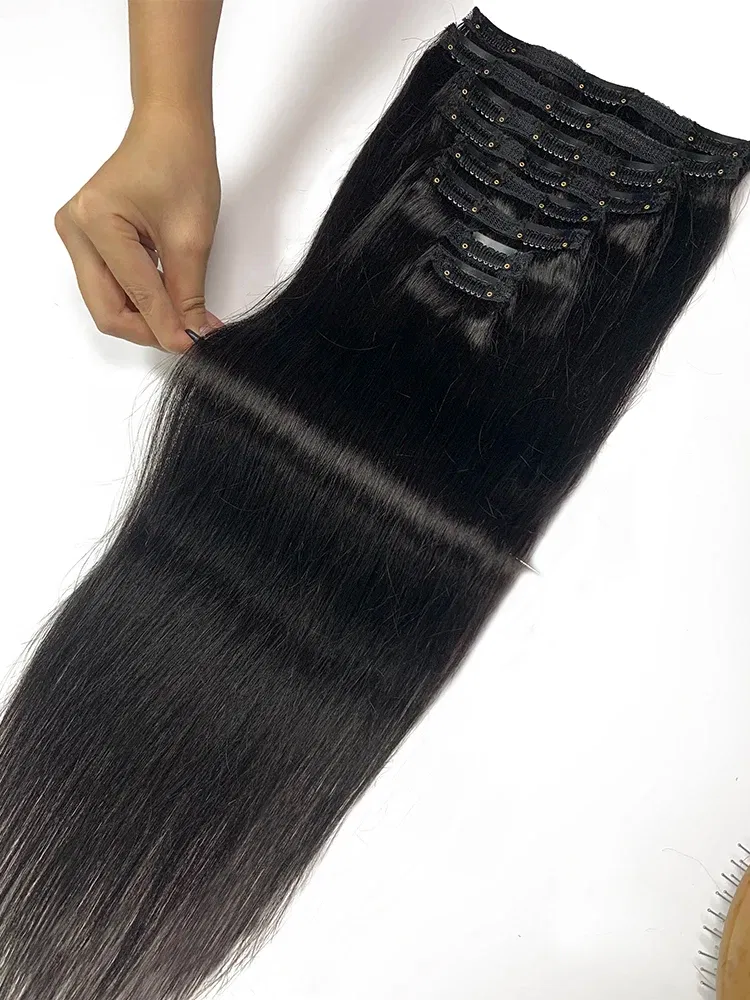 Color: Yellow, Stretched Length: 22inches, Life Span: 6 Months With Proper Care, Weight Per Package: 120g/Set - Straight Clip In Hair Extension Human Hair 120g/Set Straight Clip In Extension Full Head Brazilian Clip Hair Extension for Women