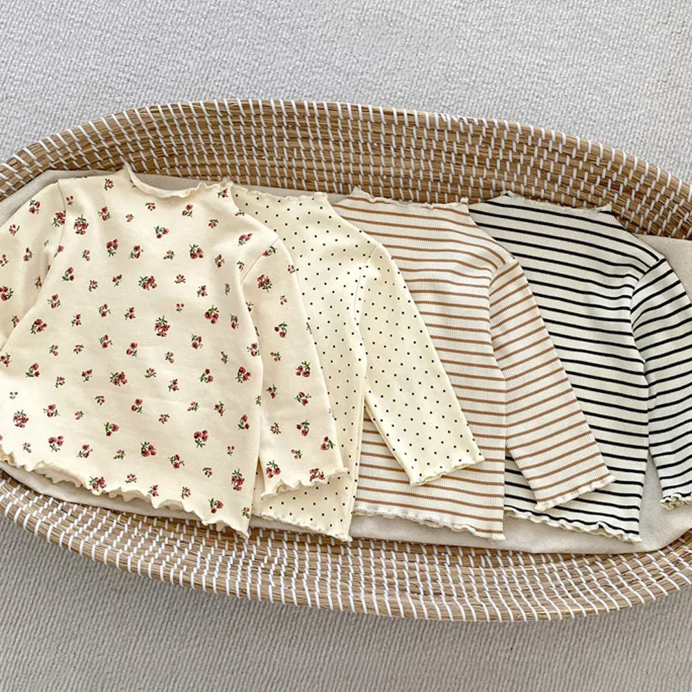 Color: Brown, Kid Size: 12M - New Baby Long Sleeve T Shirt Girls Cotton Casual Tees Infant Ruffled Versatile Shirts Kids Floral Striped Bottoming Tops