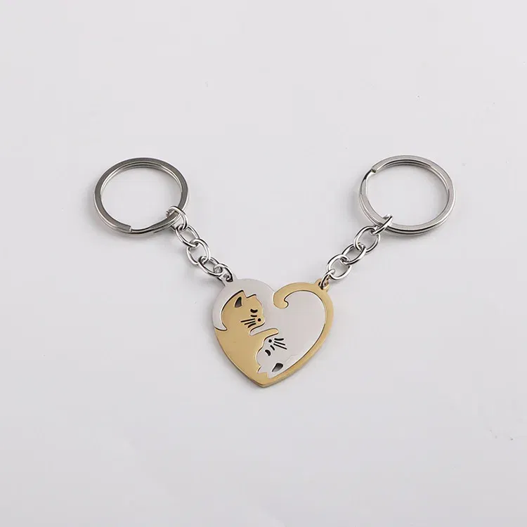Color: GRAY - Heart-shaped Patchwork Love Cat Keychain Pendant Couple Key Chain Pendant Jewelry European and American Stainless Steel Keychain