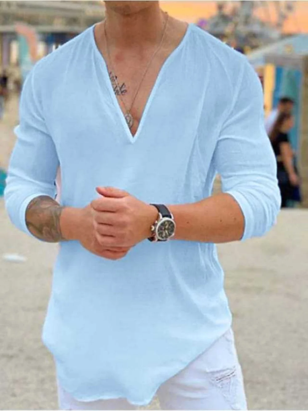 Color: black, Size: XXL, Ships From: CHINA - New men's Casual Shirt Trend Fashion V-Neck Loose Street Style Solid Color Long-Sleeved Pullover Spring And Autumn Tops