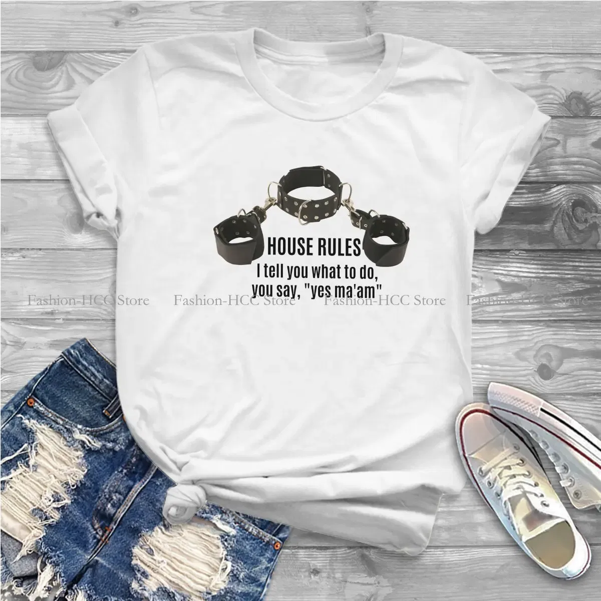 Color: WHITE, Size: XL - BDSM Bondage Discipline Dominance Submission Polyester TShirts Collar Cuffs House Rules Female Print Homme T Shirt Hipster Tops