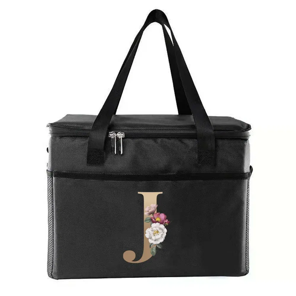 Color: army green - Thermal Bag Portable Lunch Bags Insulated Cooler Bag Food Bento Bags Printing Gold Letter Series Travel Picnic Storage Ice Bags