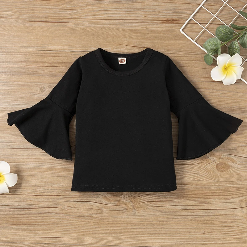 Color: black, Kid Size: 3T - 2pcs Baby Girl Clothes Sets Black Pullover Top + Leopard Print Bell-Bottoms Autumn Children's Clothing For 2 3 4 5 7 8 Years Old