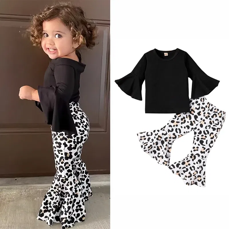 Color: black, Kid Size: 3T - 2pcs Baby Girl Clothes Sets Black Pullover Top + Leopard Print Bell-Bottoms Autumn Children's Clothing For 2 3 4 5 7 8 Years Old