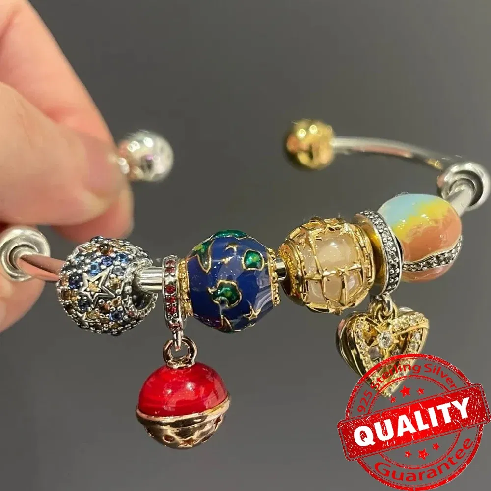 Gem Color: Black, Metal Color: Rhodium Plated - Luxury 925 Sterling Silver Sun & Moon Open Bangle Women Cuff Bracelet For Gold DIY Charm Jewelry Set Accessories Gift Making