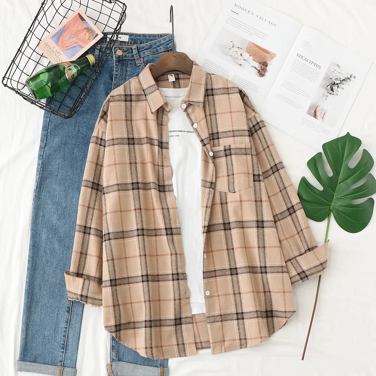 Color: Mixed Color, Size: M - Fresh Flannel Plaid Shirt Women 2025 New Female Blouses and Tops Cotton Loose Long Sleeve Casual Shirts Fine Women's Clothes