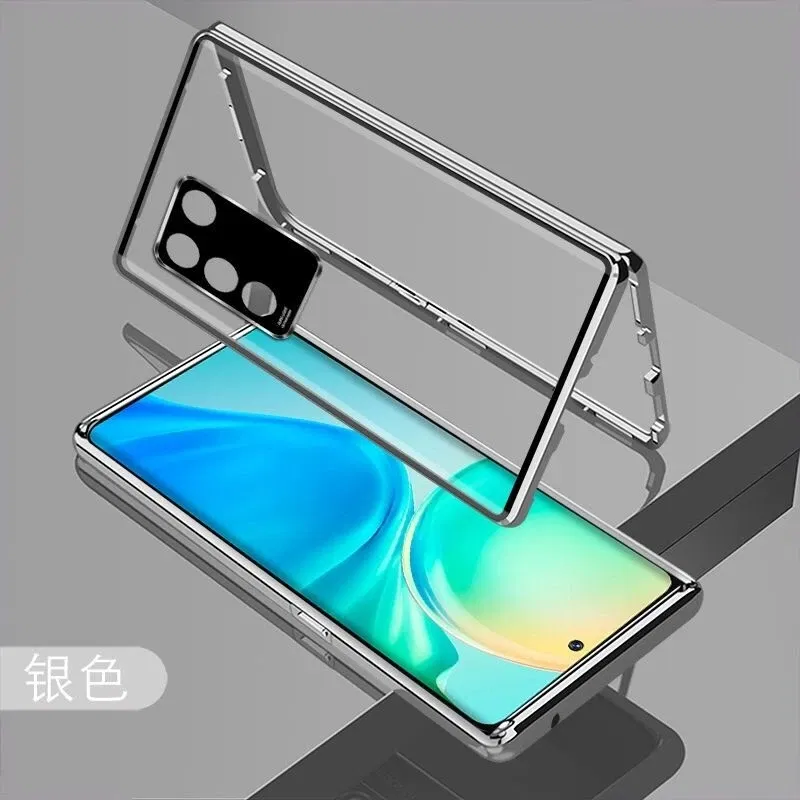 Color: Silver, Material: Denim - 360 Full Case For Vivo V29 5G V27 Pro V27E V25 V23 Double Sided Magnetic Adsorption Metal Capa Tempering Glass Clear Phone Cover
