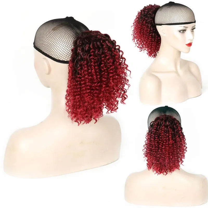 Color: P1B/613 - Synthetic Drawstring Curly Ponytail Extension for African Women Short Afro Kinky Ponytail Extension