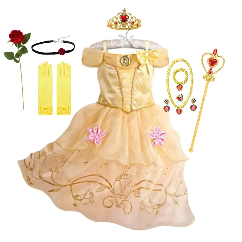 Kid Size: 5, Color: Khaki - Belle Princess Dress for Girls Cosplay Beauty and The Beast Snow White Costumes Kids Halloween Carnival Birthday Clothes