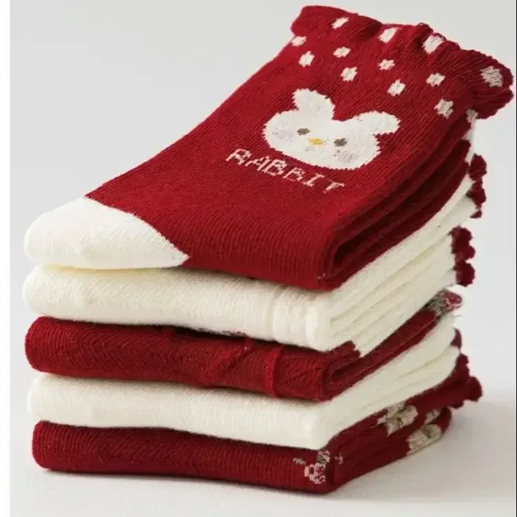 Color: Pink, Size: 4-6T - Kids Autumn Socks Cute Red Floral Pattern Sock Girls New Year Calf Socks Children's Socks 5 Pairs Cotton Socks