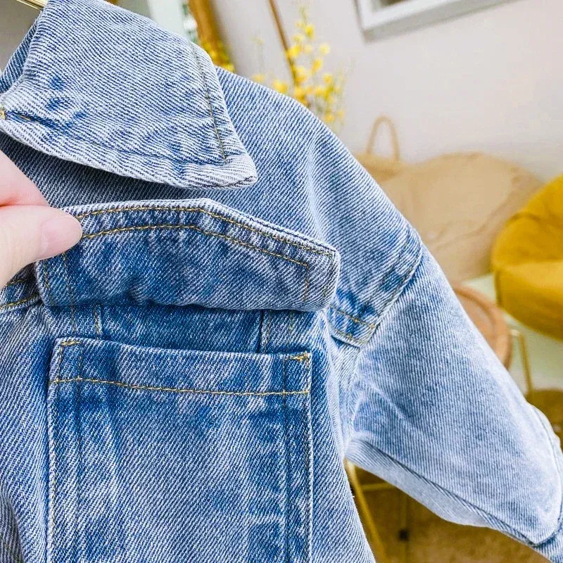 Color: Beige, Kid Size: 4T - 2022 Autumn Spring Fall Boys Casual Cartoon Denim Kids Jackets Turn-down Collar Long Sleeve Coat Girls Loose Tops for Teens