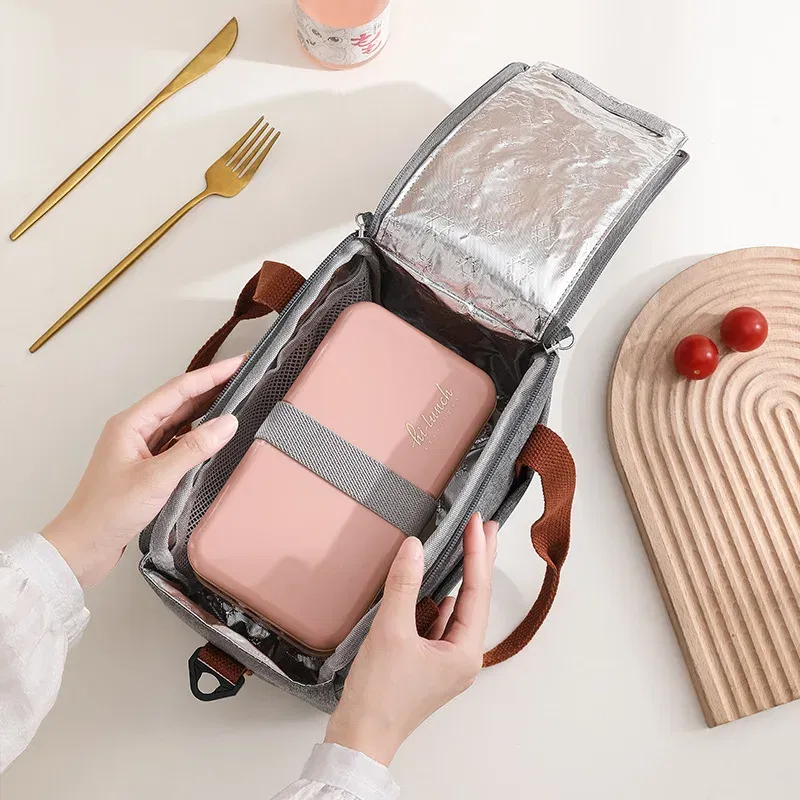 Color: Pink - Portable Lunch Bag For OL Women Thermal Insulated Lunch Box Tote Cooler Handbag Waterproof Bento Pouch Office Food Shoulder Bags