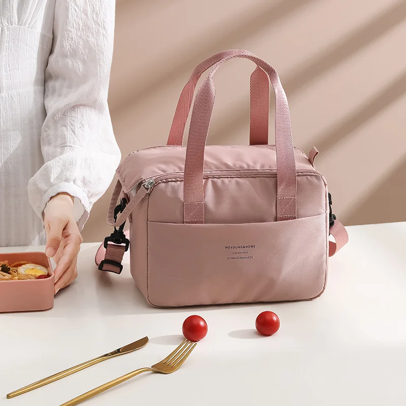 Color: Pink - Portable Lunch Bag For OL Women Thermal Insulated Lunch Box Tote Cooler Handbag Waterproof Bento Pouch Office Food Shoulder Bags