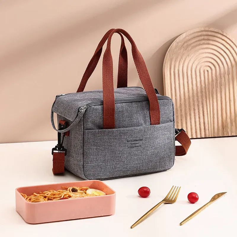 Color: Pink - Portable Lunch Bag For OL Women Thermal Insulated Lunch Box Tote Cooler Handbag Waterproof Bento Pouch Office Food Shoulder Bags