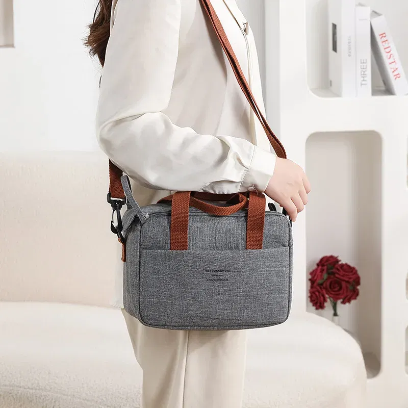 Color: Pink - Portable Lunch Bag For OL Women Thermal Insulated Lunch Box Tote Cooler Handbag Waterproof Bento Pouch Office Food Shoulder Bags