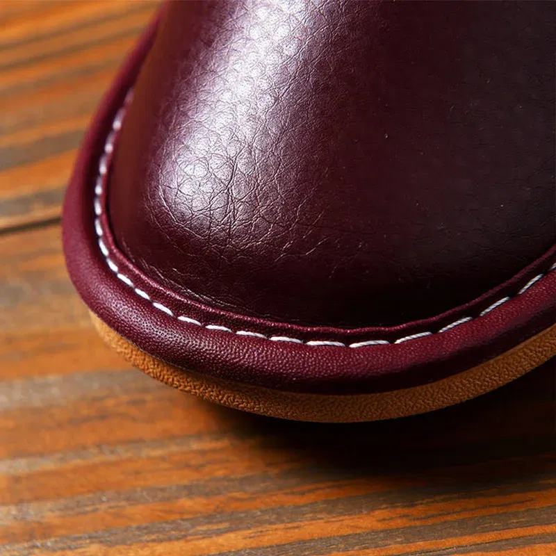 Color: PURPLE, Shoe Size: 12 - Mens Bedroom Leather Slippers Unisex Black Home Shoes Big Size 47 48 Man's Slippers Indoor Comfy Males Slides Family Flats Shoes