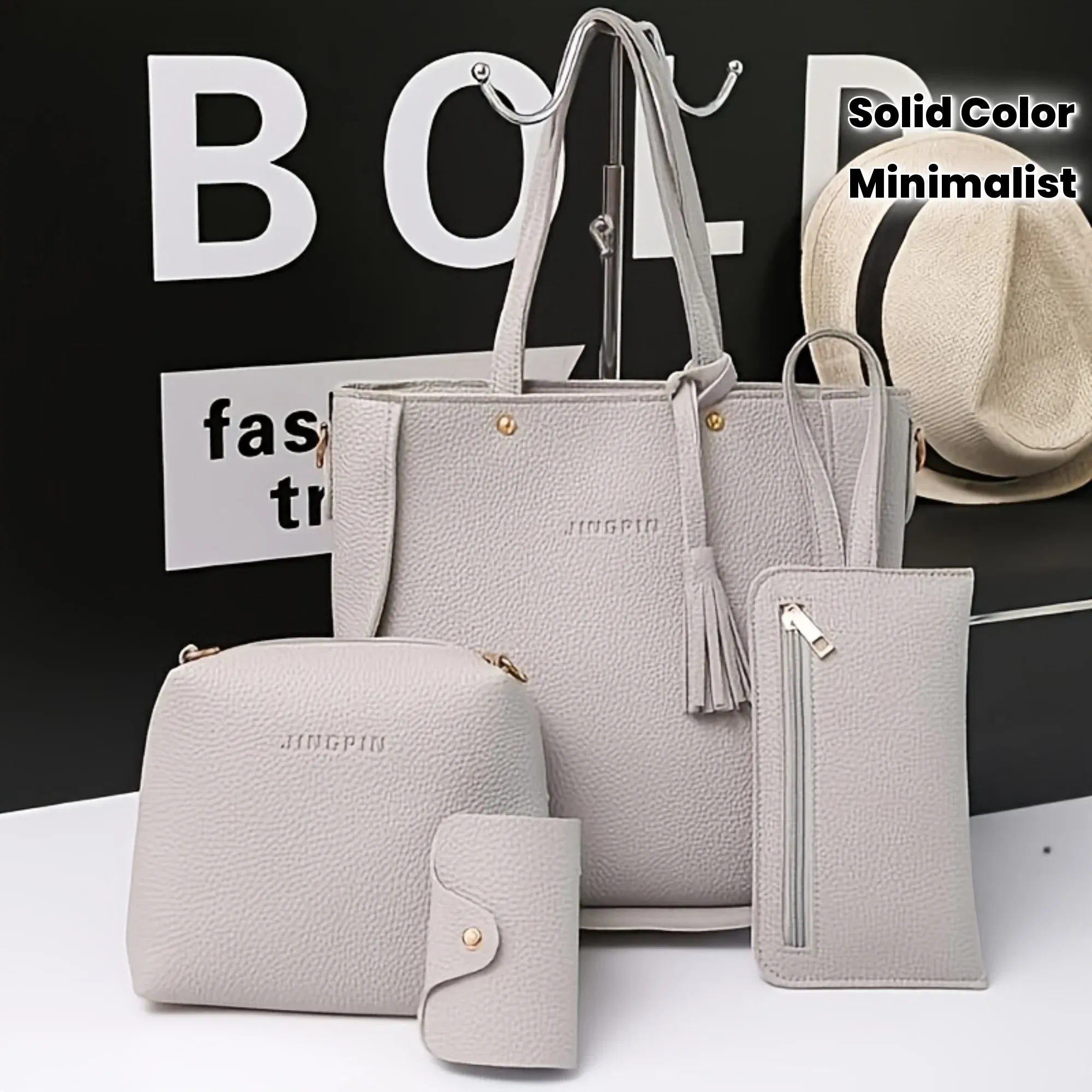 Color: GRAY - 4pcs Elegant Minimalist Women'S Shoulder Bag, Handbag, Crossbody Bag, Women Storage Bag, Holiday Gift, Synthetic, Zipper Closure