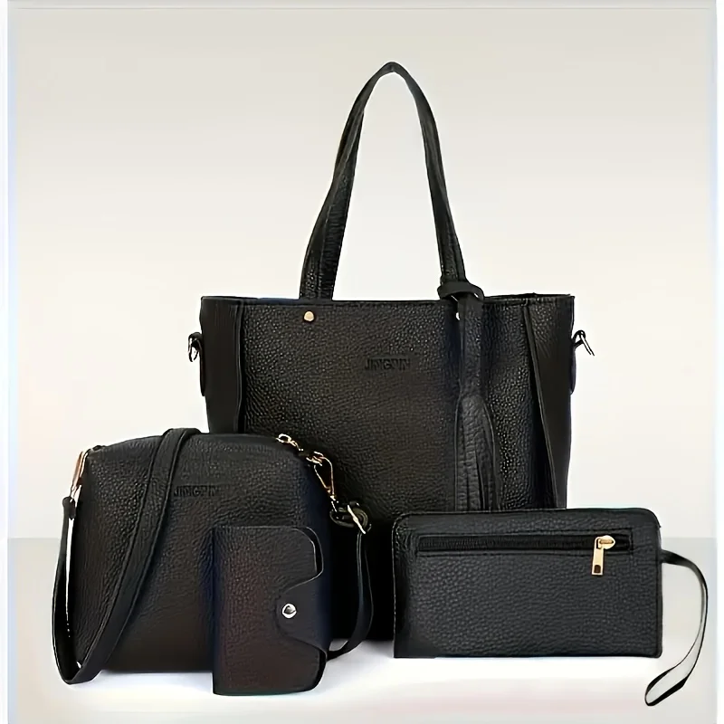 Color: GRAY - 4pcs Elegant Minimalist Women'S Shoulder Bag, Handbag, Crossbody Bag, Women Storage Bag, Holiday Gift, Synthetic, Zipper Closure