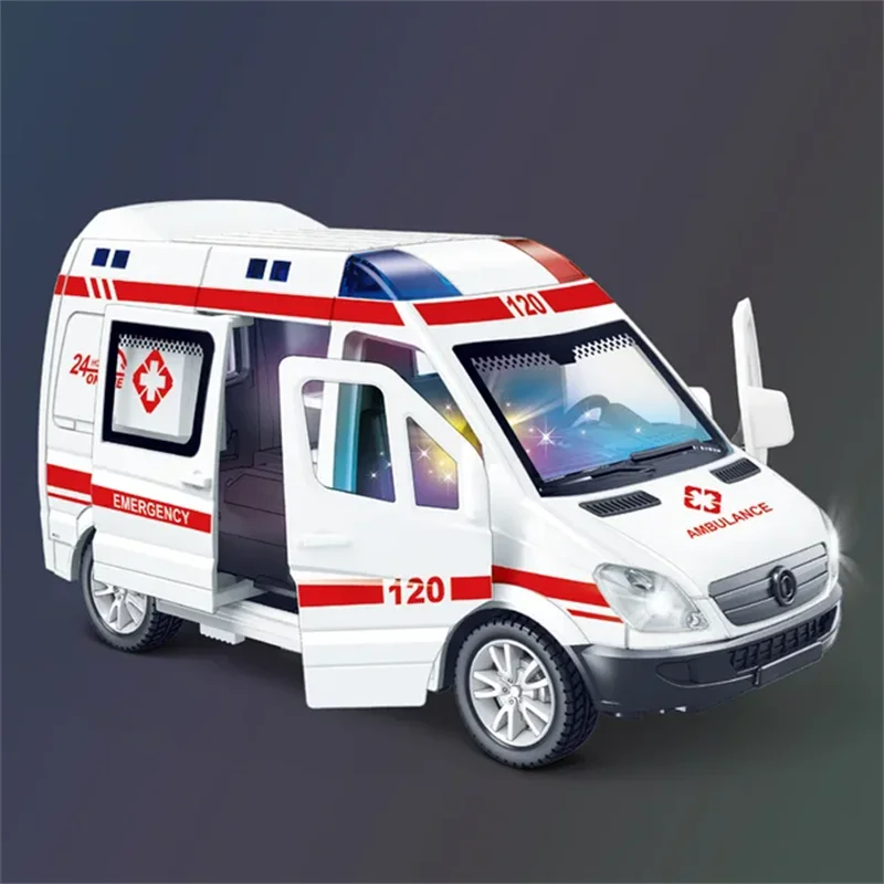 Color: Red - 1:32 Mini Car Diecast Ambulance Fire-Truck Policecar Model Sound And Light Vehicle Simulation Collection Gifts Toys Boys