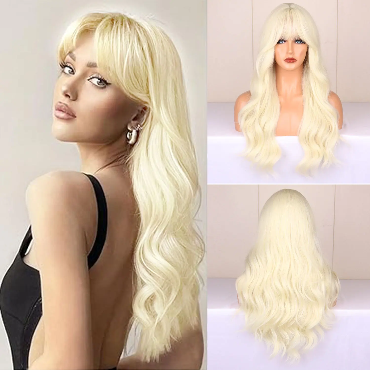 Color: T1B/Green - Light golden synthetic wig with big waves for Halloween party, cosplay wig, everyday wig, high-temperature hair silk wig set