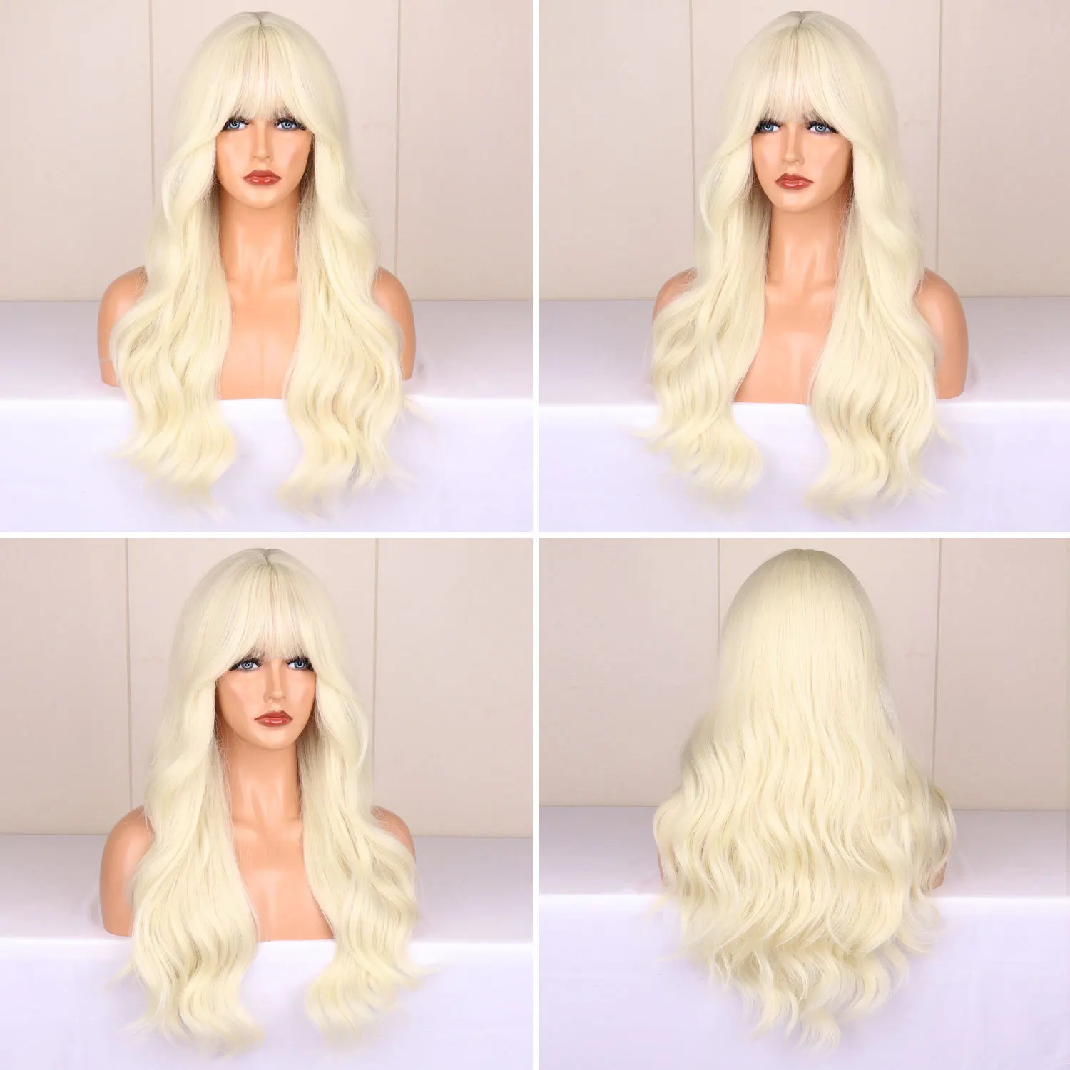 Color: T1B/Green - Light golden synthetic wig with big waves for Halloween party, cosplay wig, everyday wig, high-temperature hair silk wig set